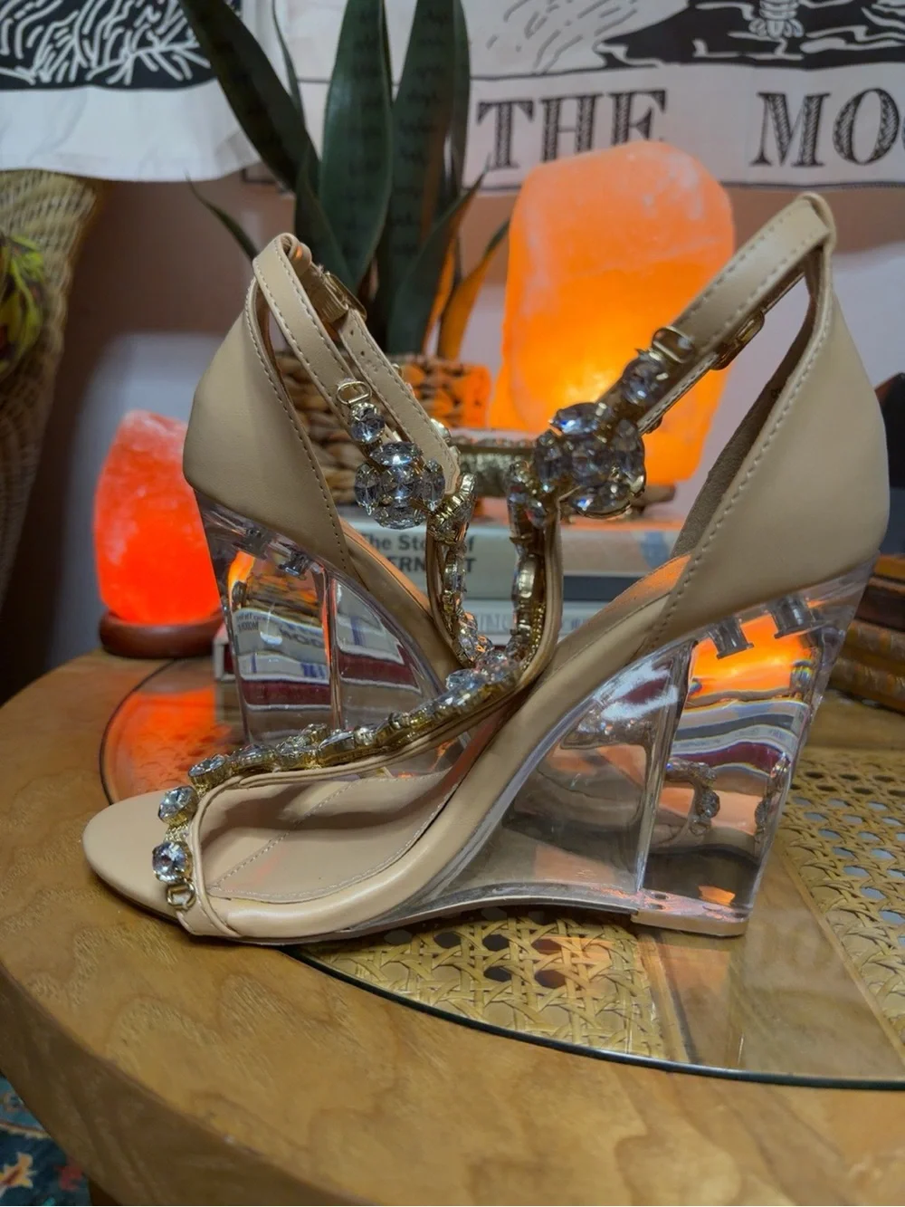 ShoeDazzle Rhinestone Crystal Clear Wedge Heels Nude Size 7.5